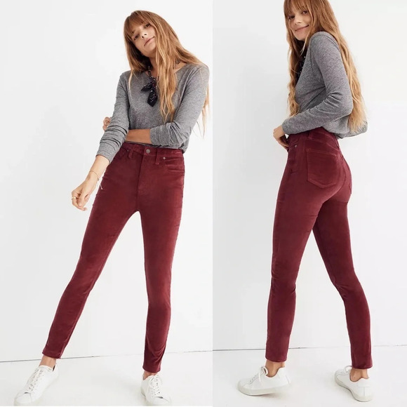 Madewell Red Stretch Velvet 10" High Rise Corduroy Skinny Pants Size 34 PETITE - Picture 1 of 12